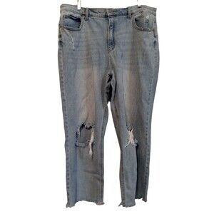 Rewind Distressed High Rise Straight Leg Jeans Size 17/33w Light Wash Raw Hem